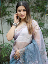 Fancy Handwork On Grey Blue Color Organza Special Saree
